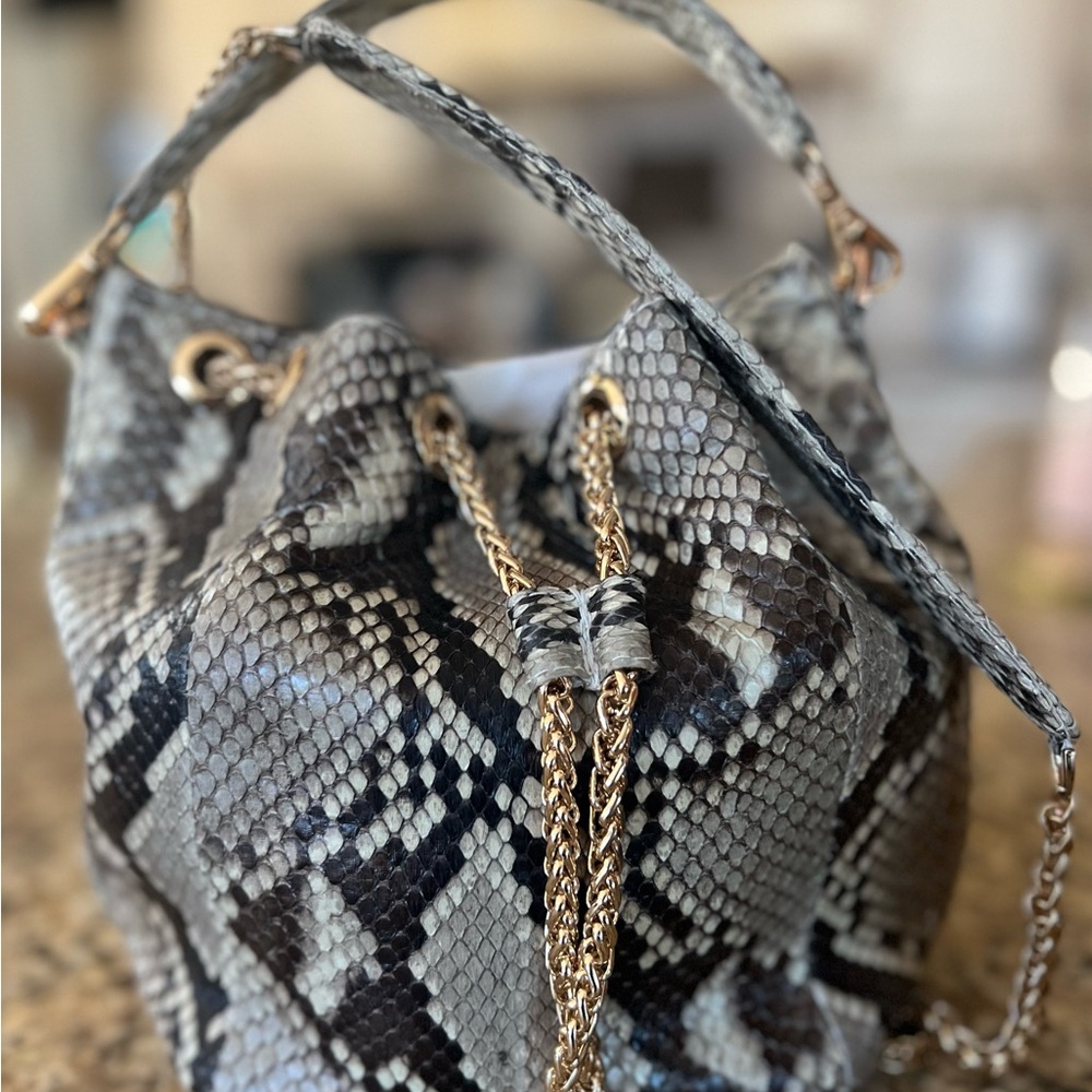 Chic Genuine Snakeskin Handbag with Long Gold Chain